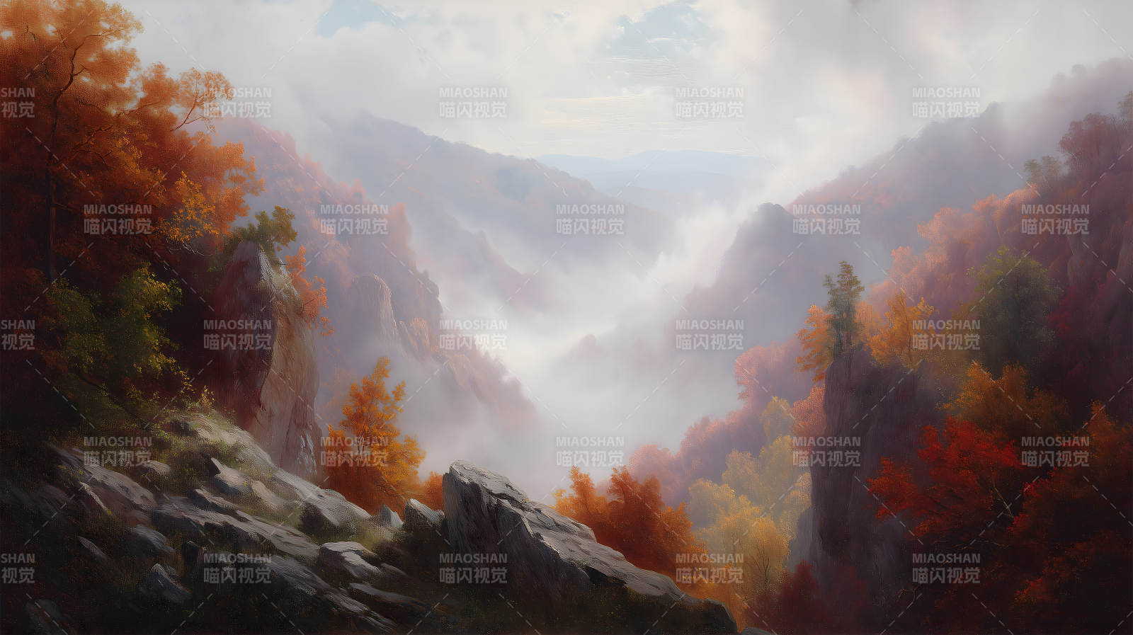 秋日山谷云雾缭绕风景如画-图片