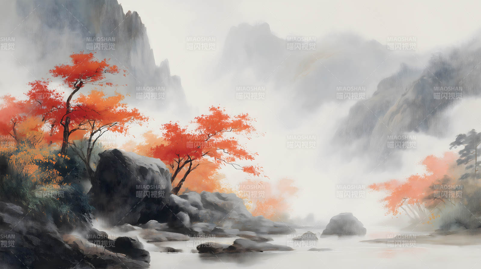 秋色山水风景画意境唯美-图片