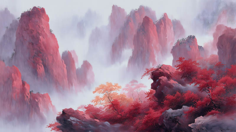 红色山水秋色朦胧景色壮丽-图片