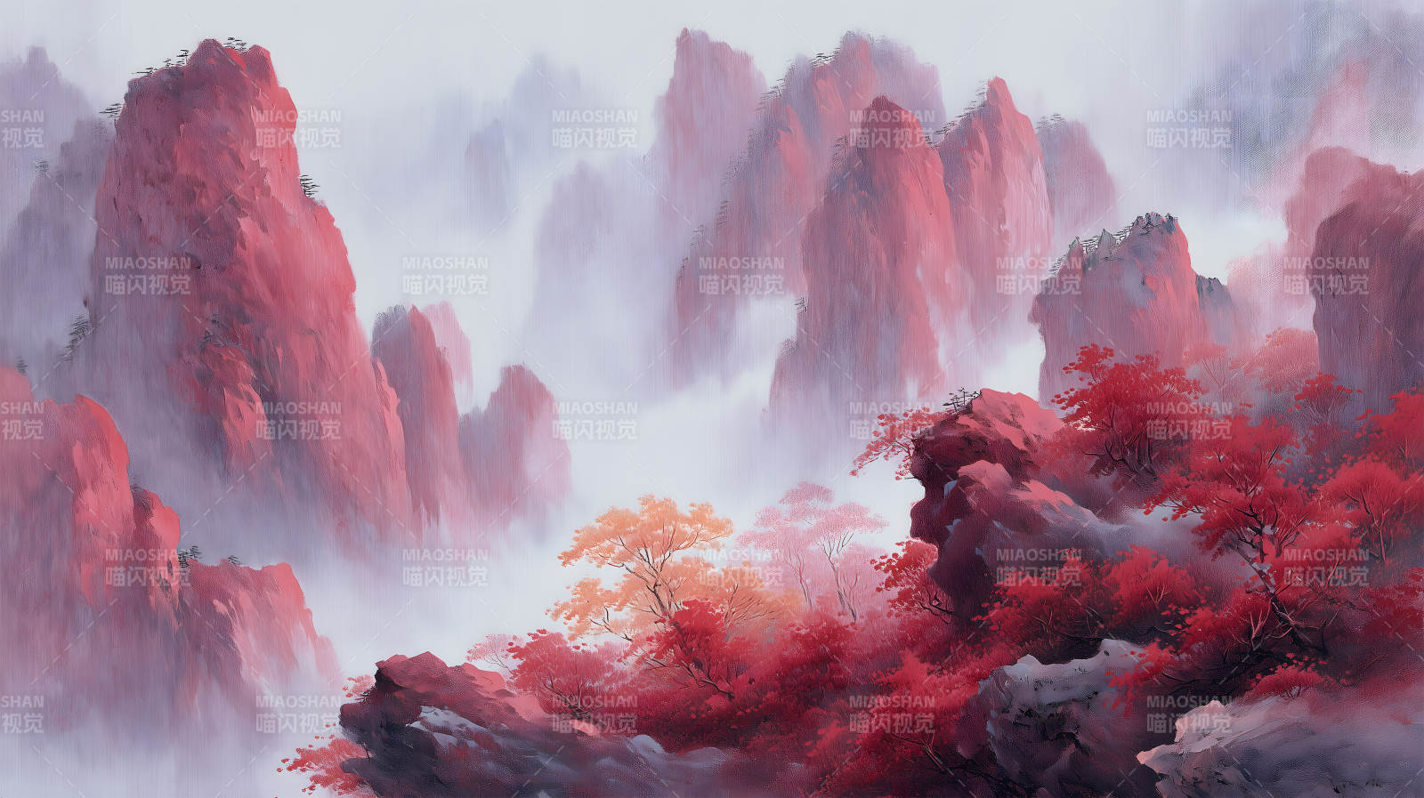紅色山水秋色朦朧景色壯麗-圖片