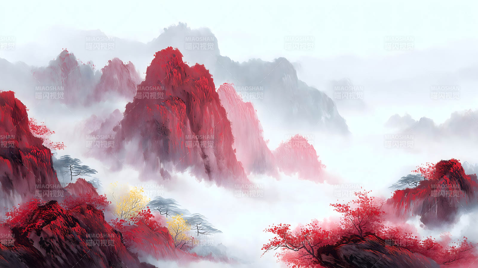 山水風景紅葉點綴云霧繚繞-圖片