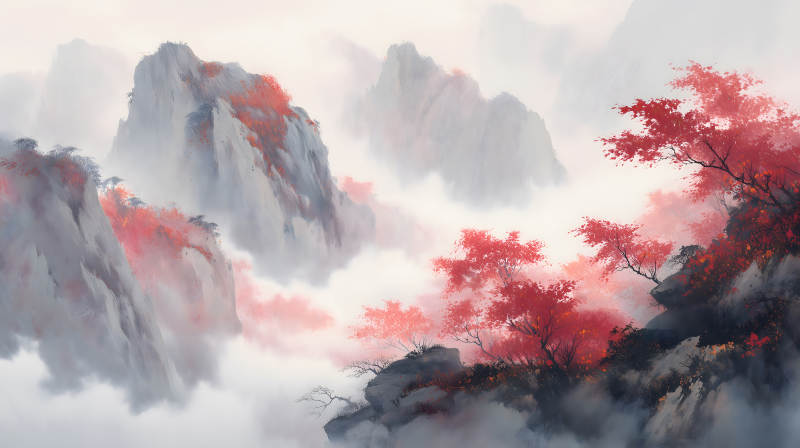 水墨山水画秋色红叶漫山-图片