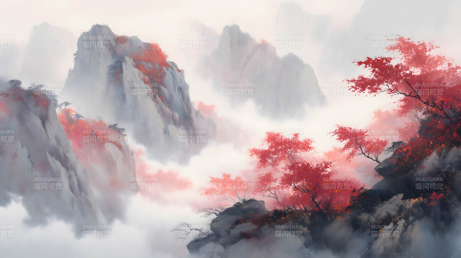 水墨山水画秋色红叶漫山-图片