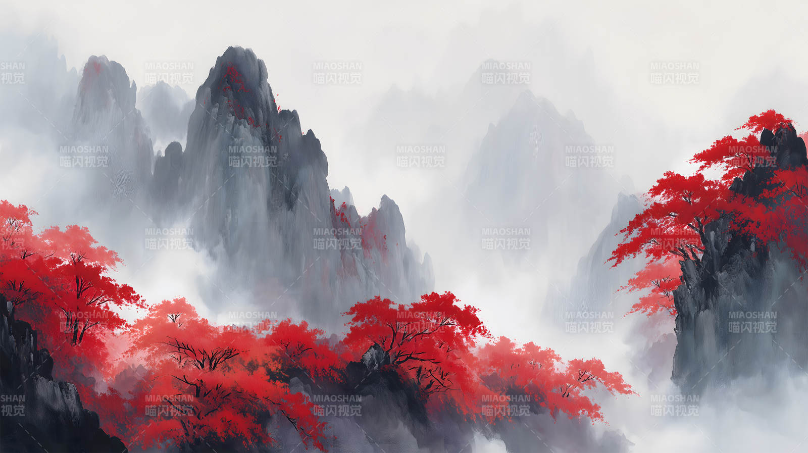 水墨山水红叶风景-图片