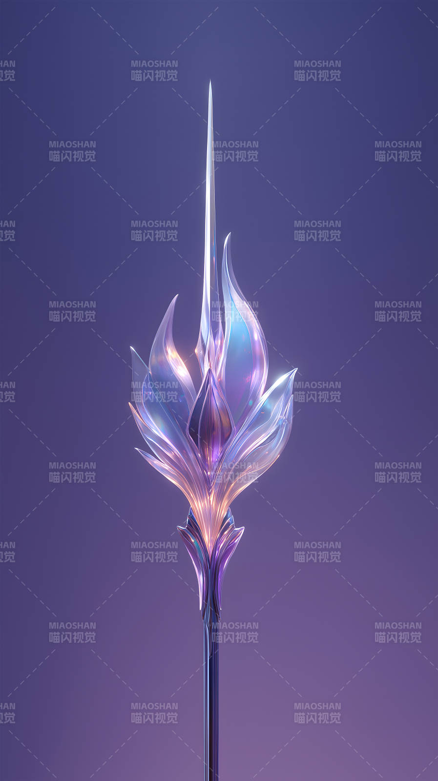 水晶花卉長矛在紫色的背景上發光-圖片