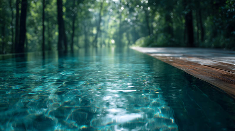 森林旁的泳池碧波蕩漾光影斑駁-圖片