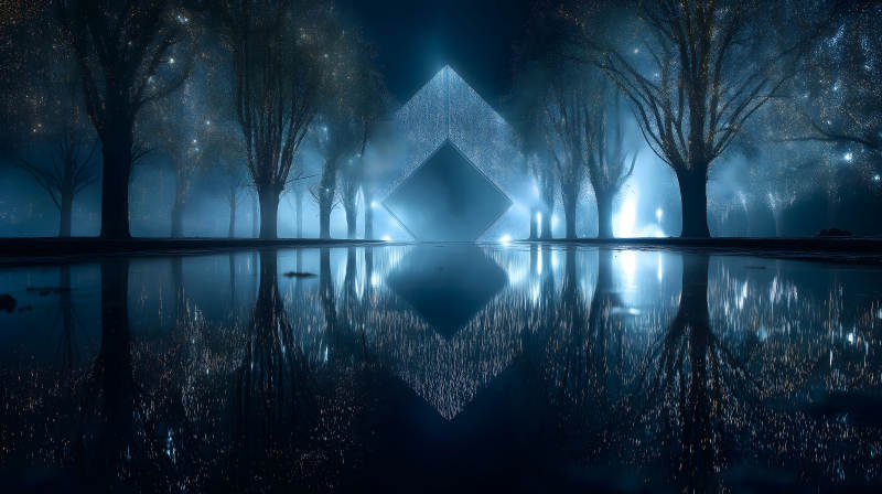 夜空下的神秘方塊和倒影-圖片
