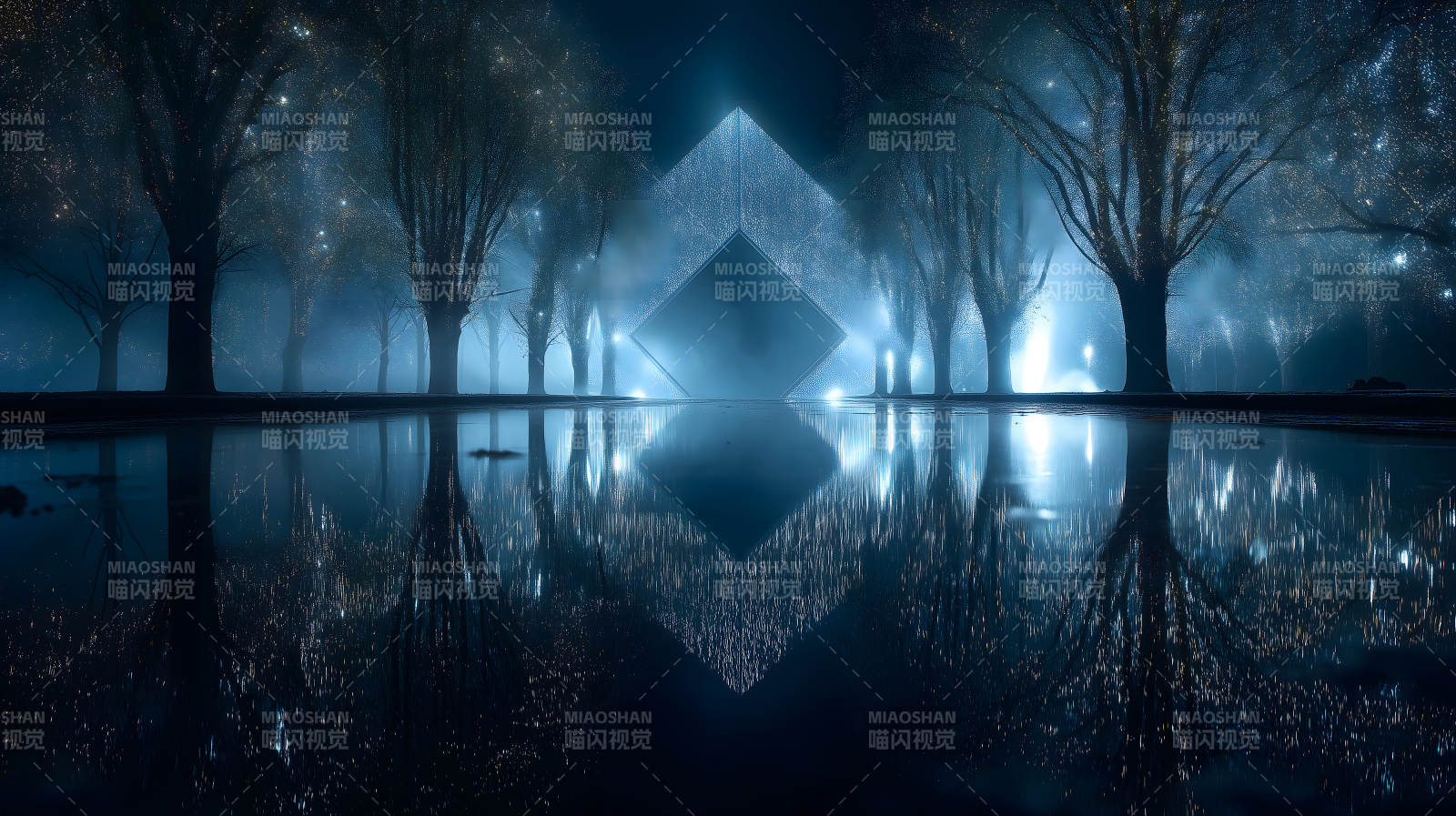 夜空下的神秘方塊和倒影-圖片