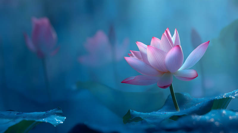 静谧莲花绽放于水面唯美意境-图片