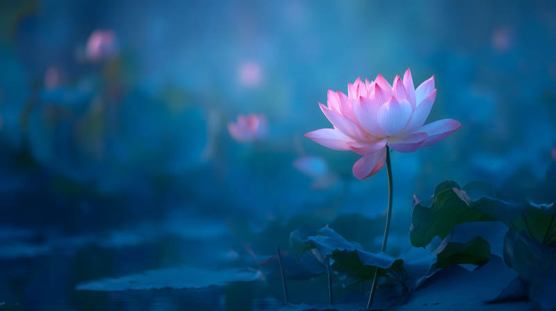 静谧莲花盛开朦胧水面-图片