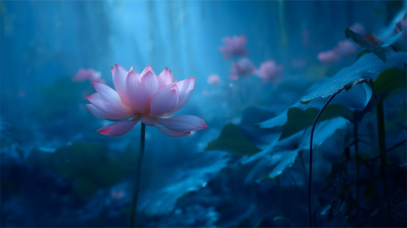 莲花盛开于幽蓝水面之上-图片