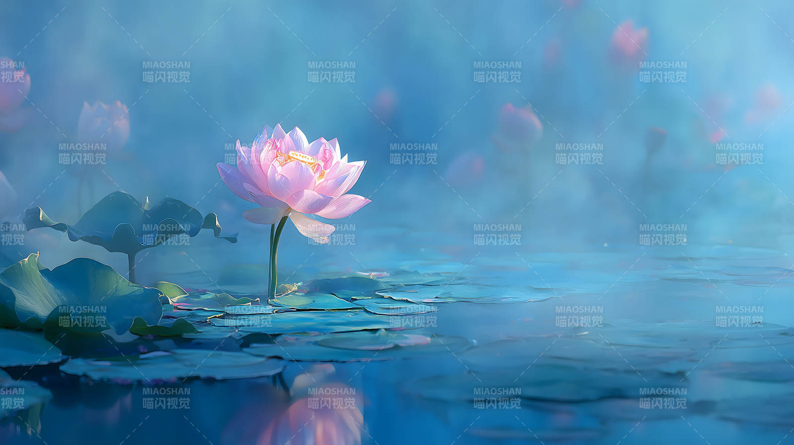 平靜的蓮花池粉色蓮花綻放-圖片