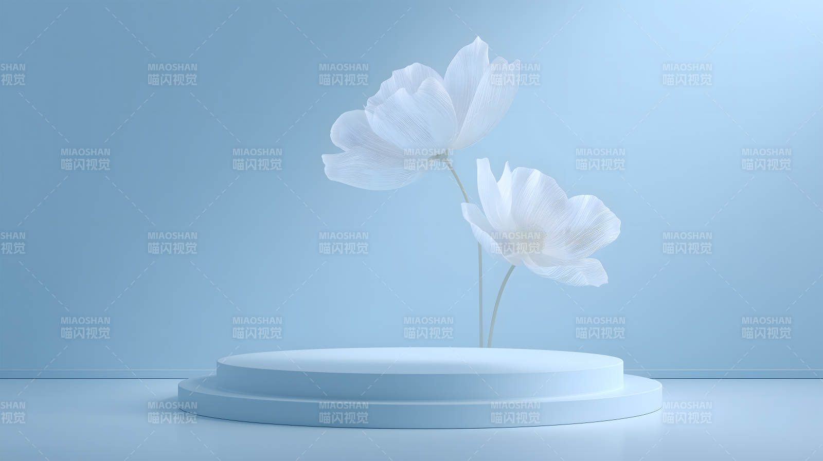 纯净蓝色背景下的花朵和展示台-图片