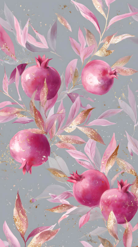 粉色石榴与金叶点缀的精美设计-图片