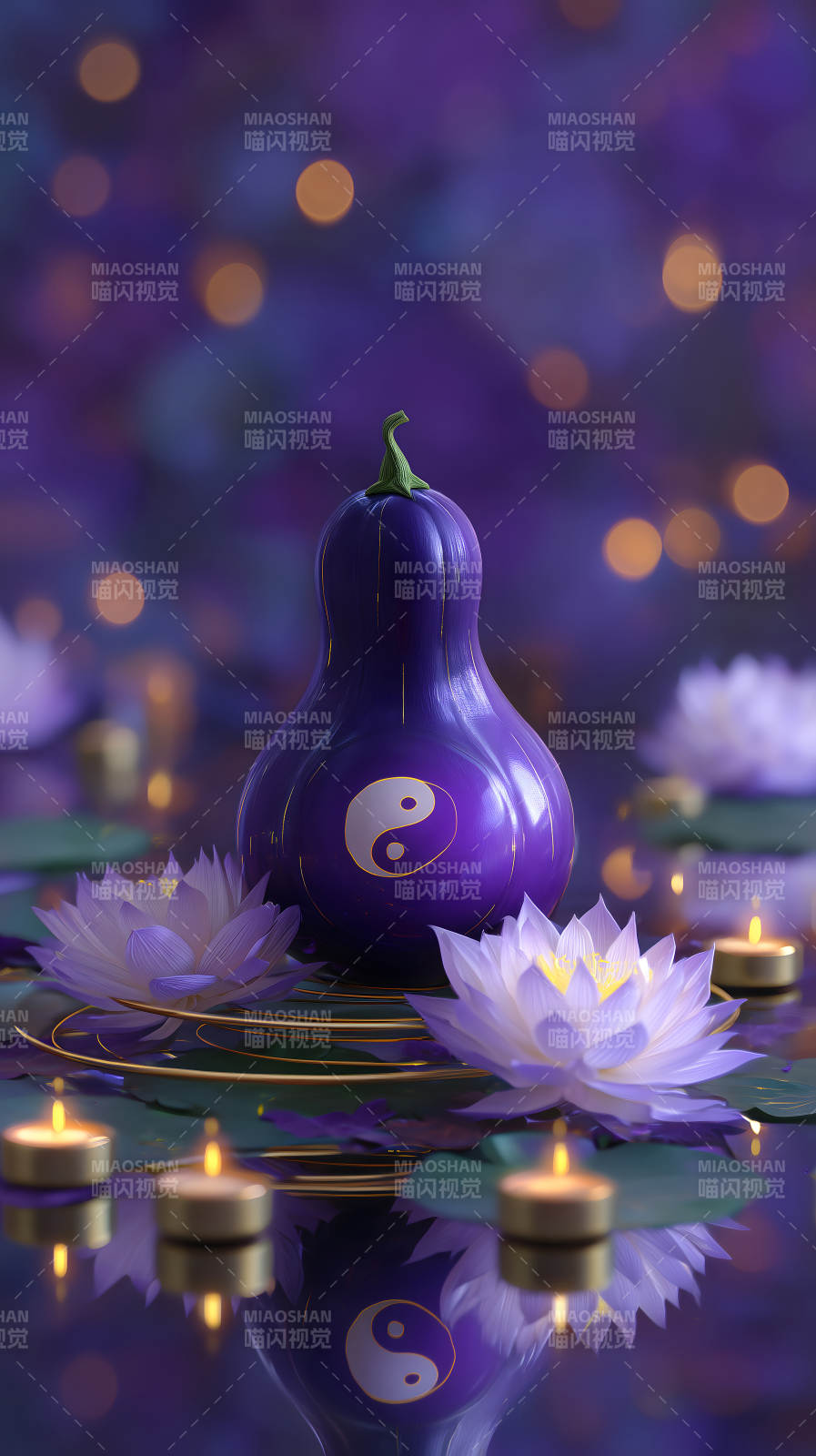 紫色的葫芦莲花与烛光-图片