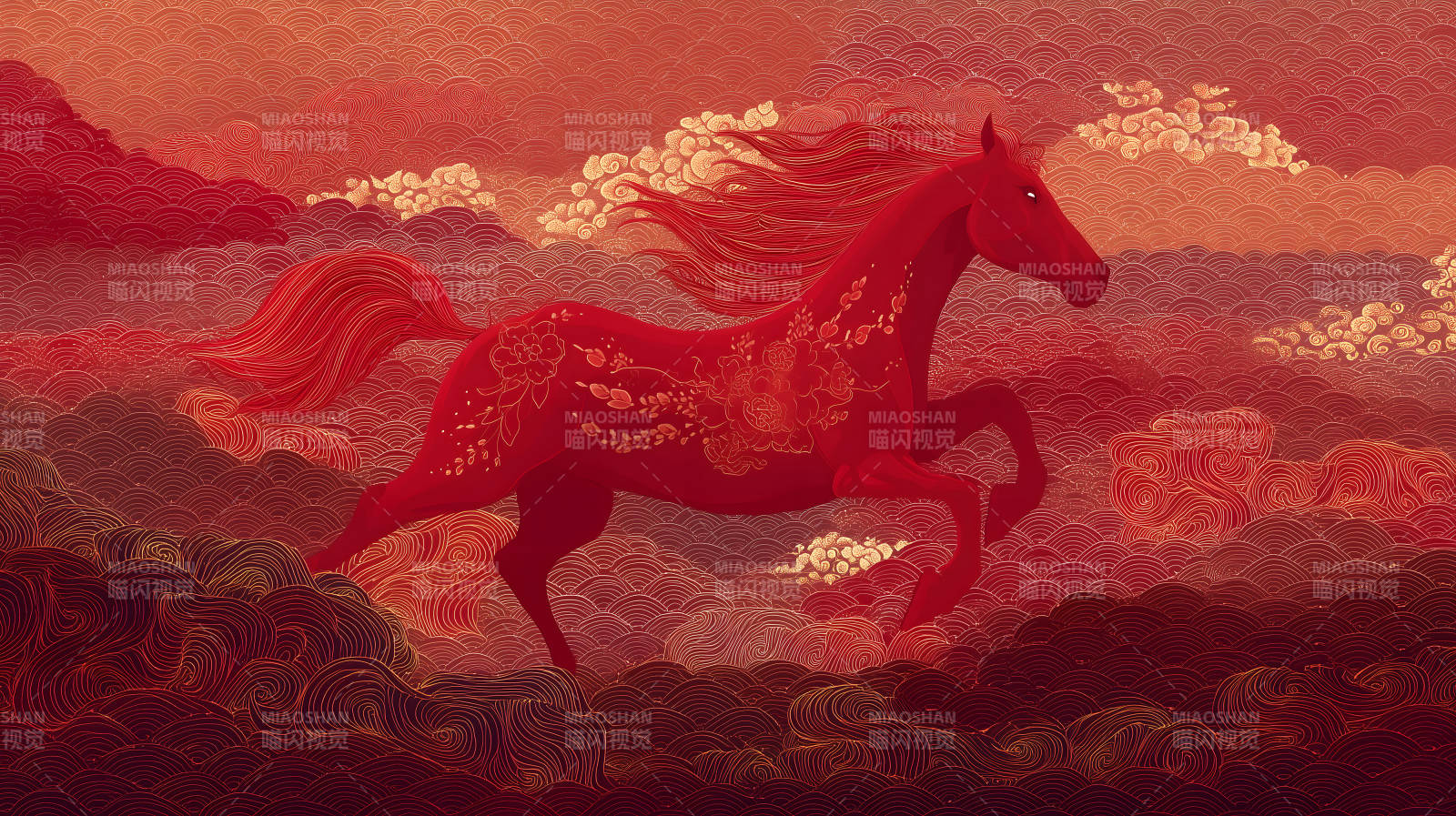 躍動(dòng)紅馬祥云背景寓意吉祥-圖片