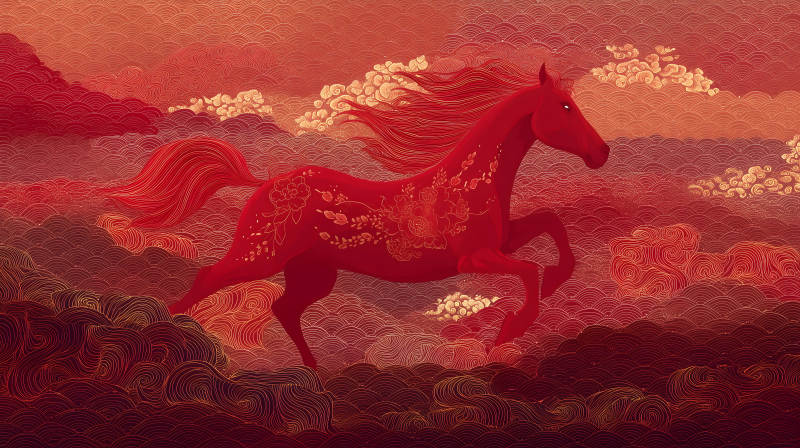 躍動紅馬祥云背景寓意吉祥-圖片
