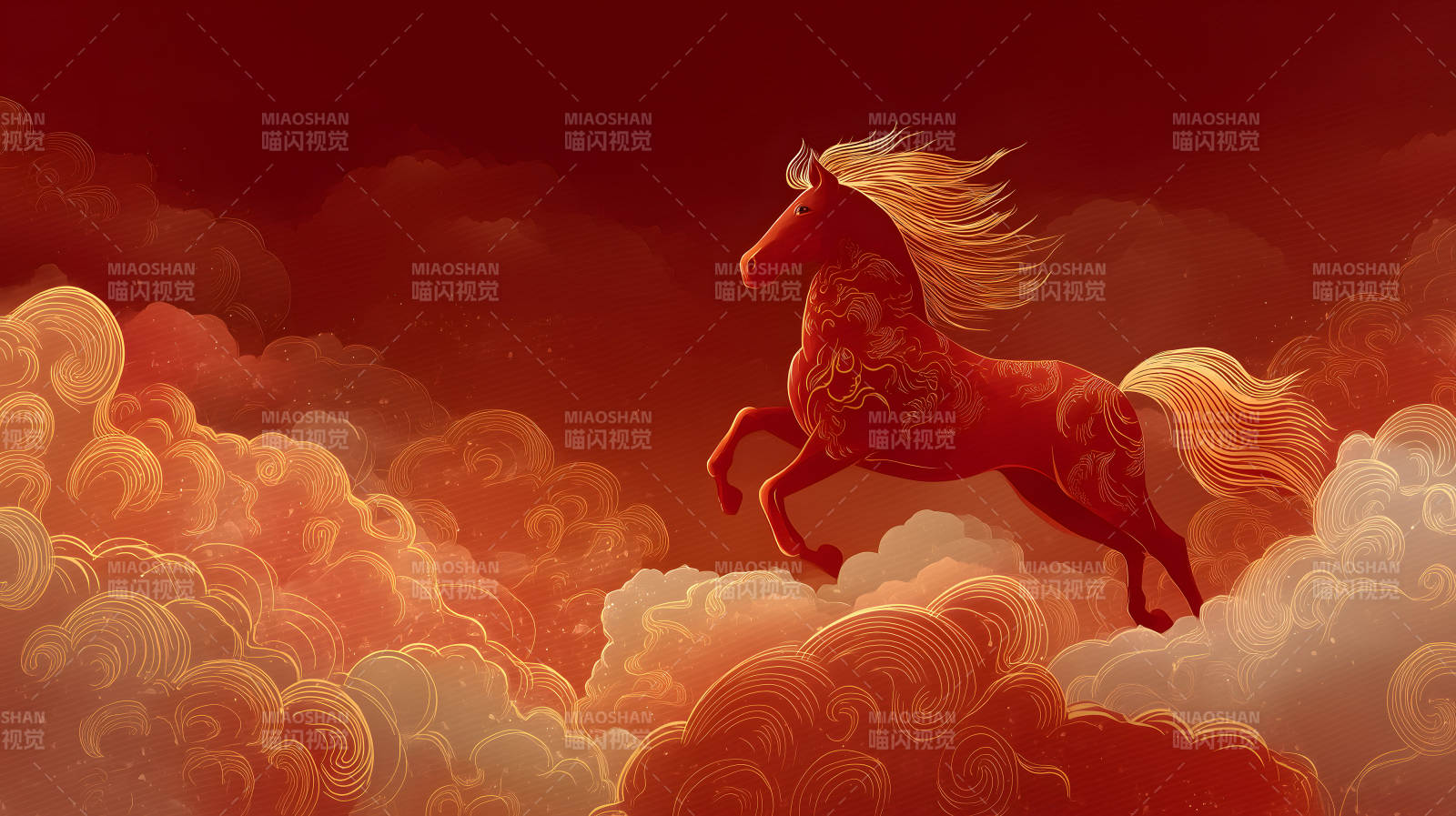 紅色駿馬翱翔云端意境圖-圖片