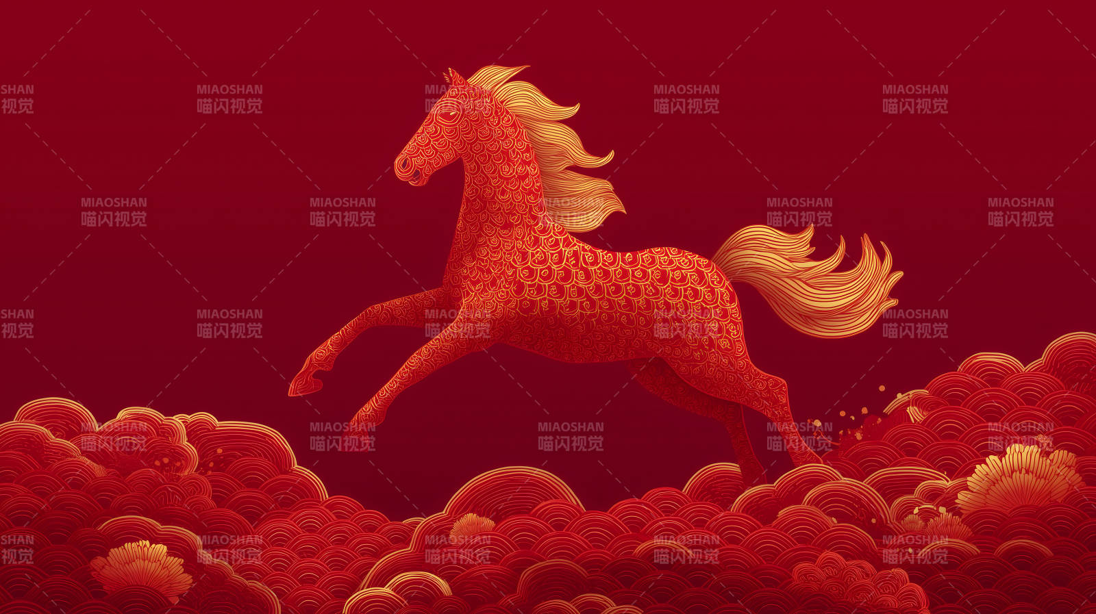 紅色祥云躍馬圖吉祥如意-圖片