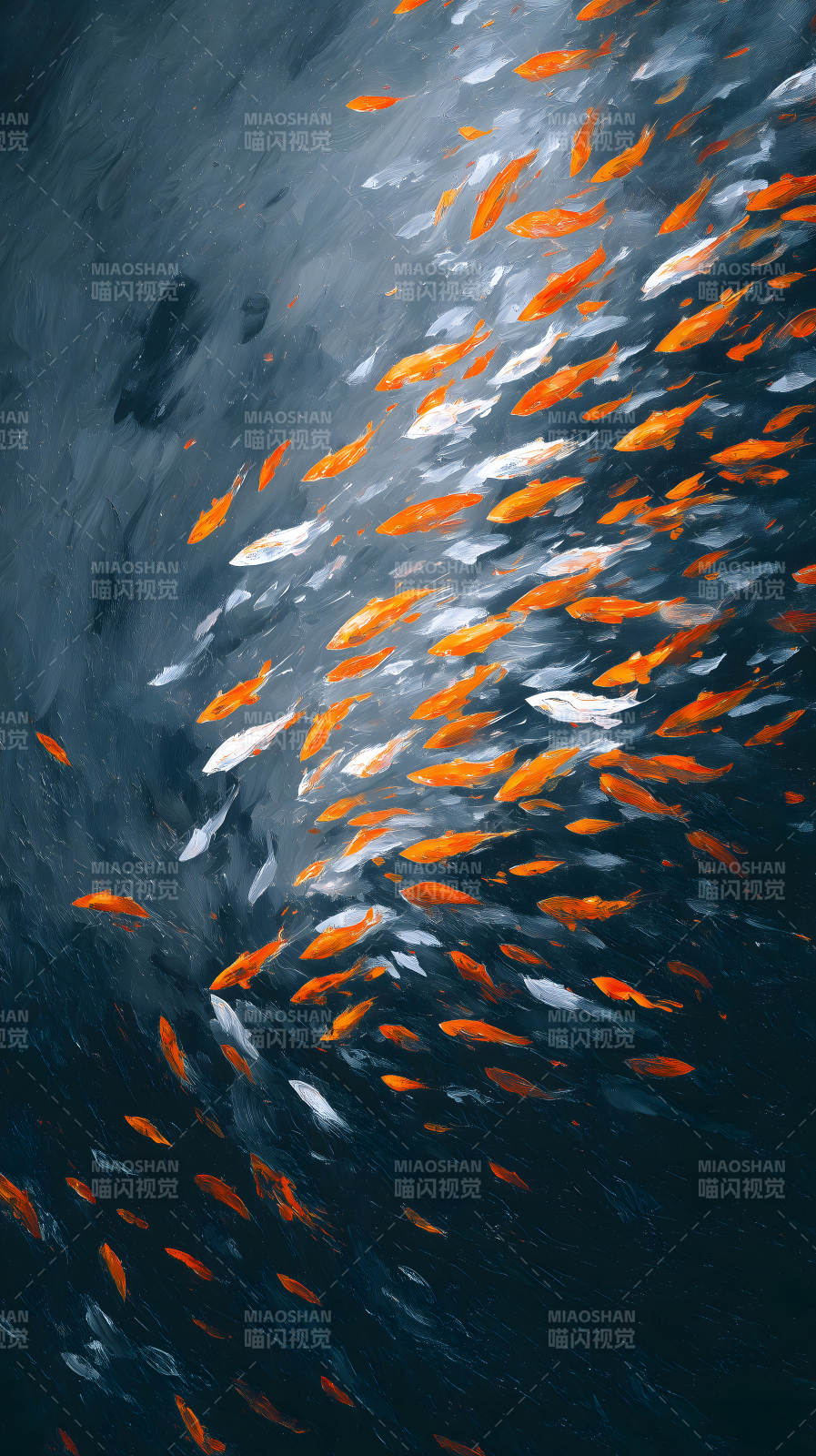 橙色鱼群游动在深海-图片