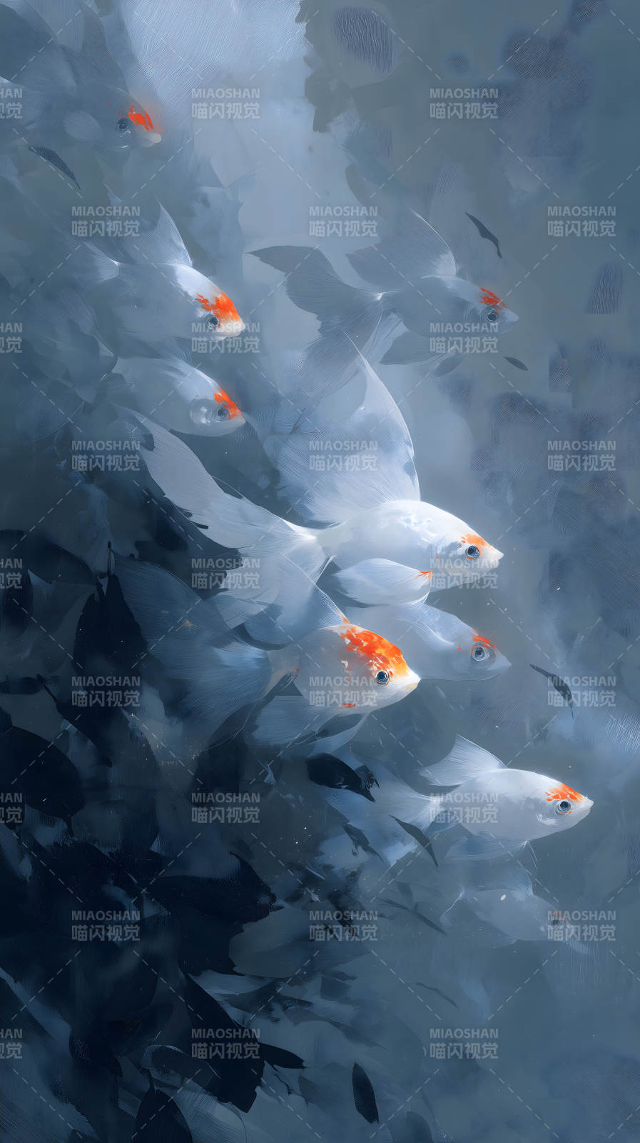 水下金鱼群游动梦幻场景-图片