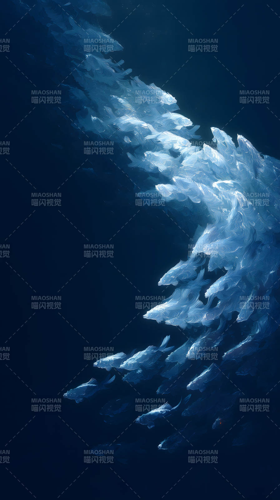 深海鱼群游动幽蓝画风-图片