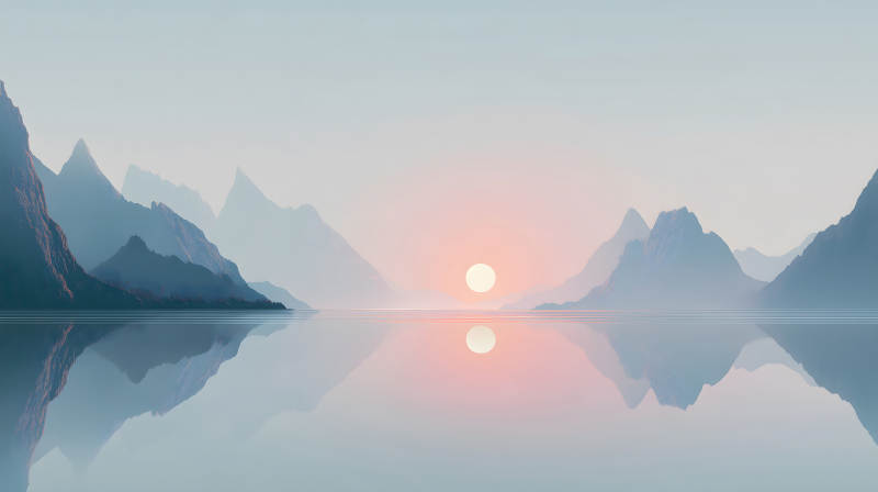 山河日落水鏡-圖片