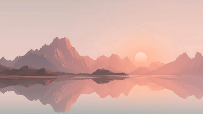 夕陽下的山脈與湖泊美景-圖片