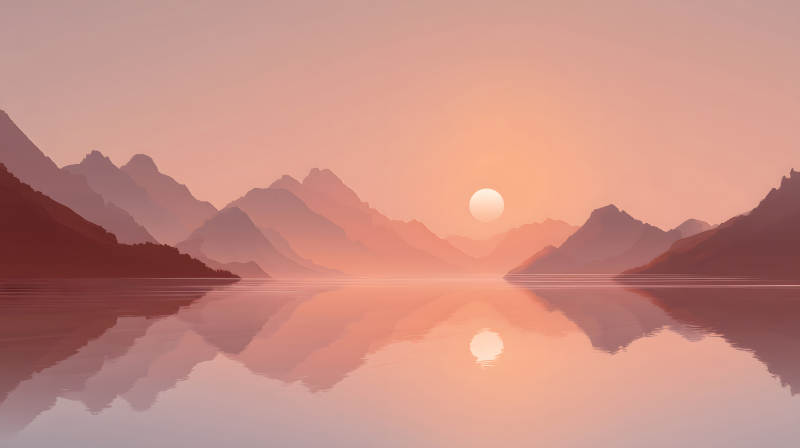 落日山河水面倒影平靜唯美-圖片