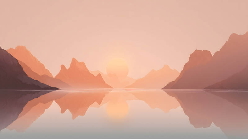 夕陽下山水畫景色唯美-圖片