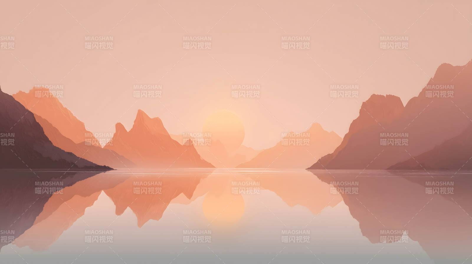 夕陽下山水畫景色唯美-圖片