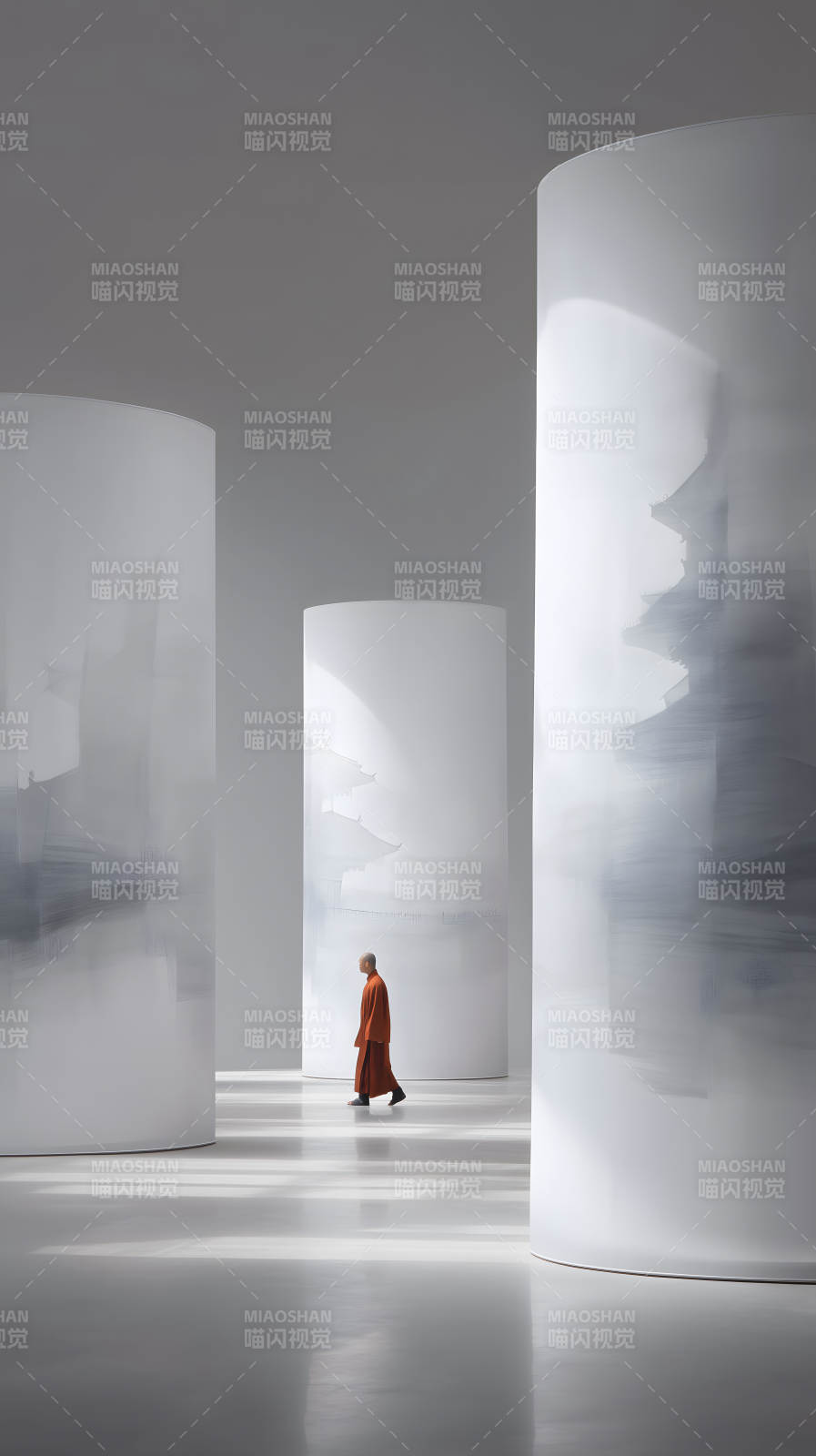 僧人穿行于水墨画柱间-图片