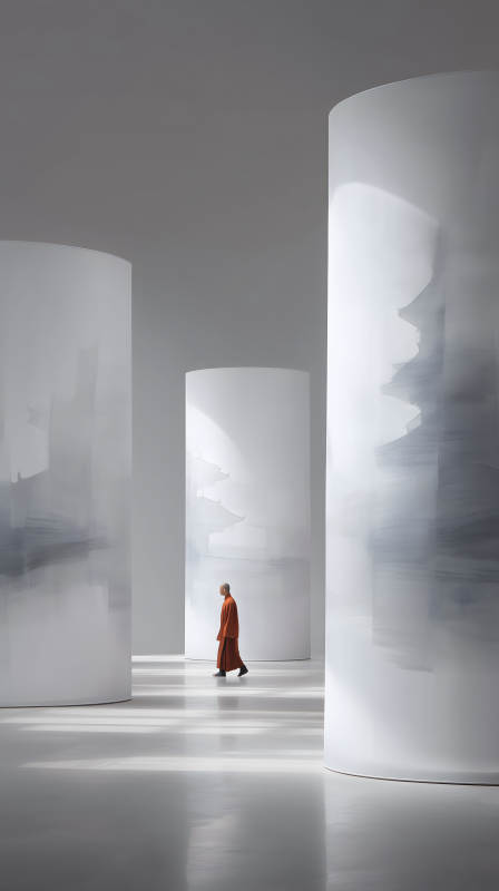 僧人穿行于水墨畫柱間-圖片