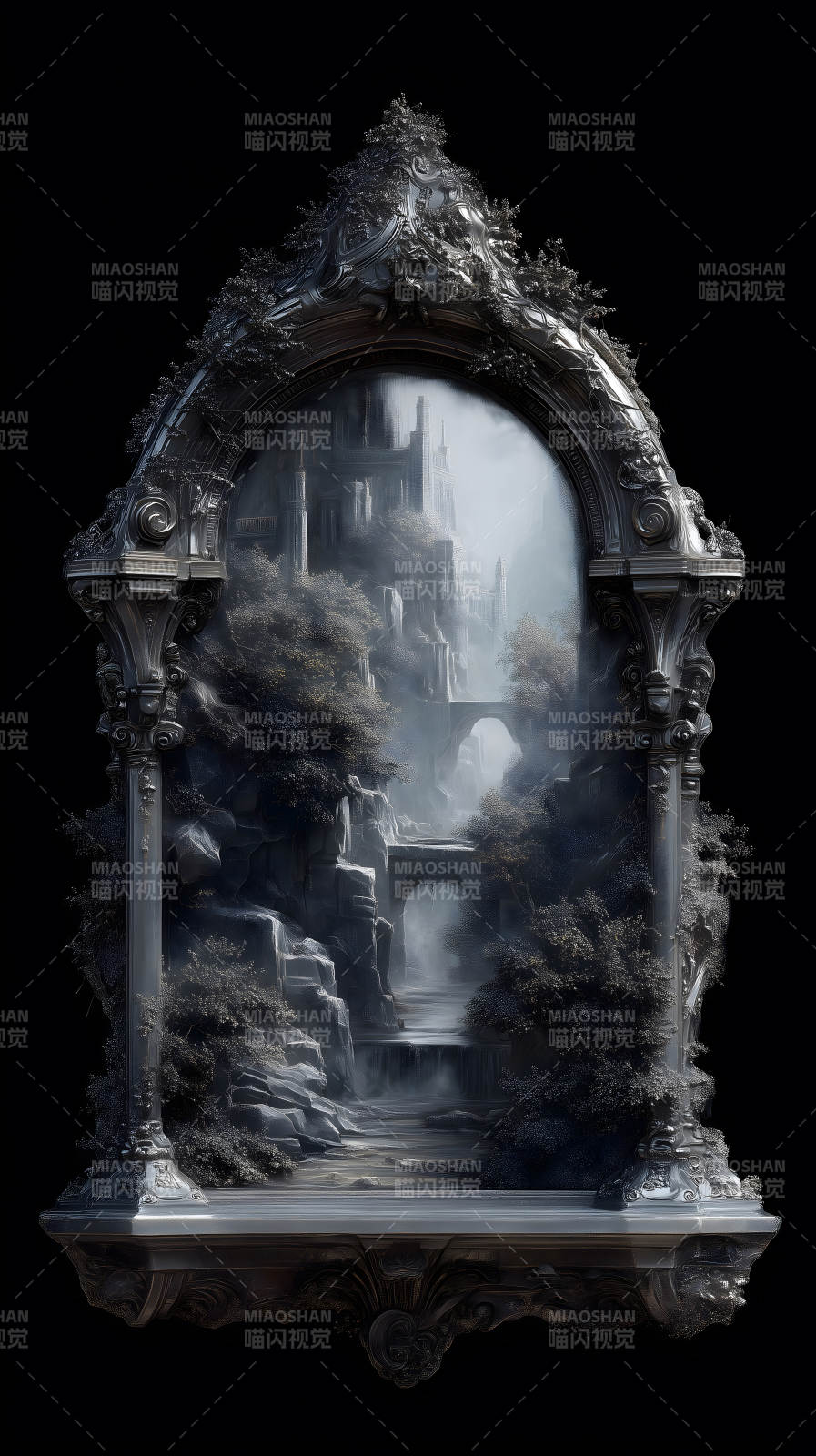 城堡风景画与雕花框架图片