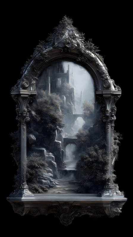 城堡風(fēng)景畫(huà)與雕花框架-圖片