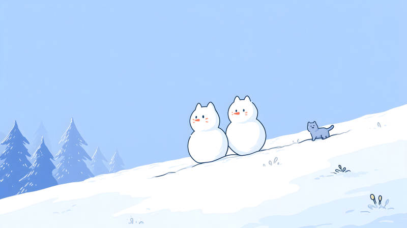雪地里的貓咪和雪人-圖片