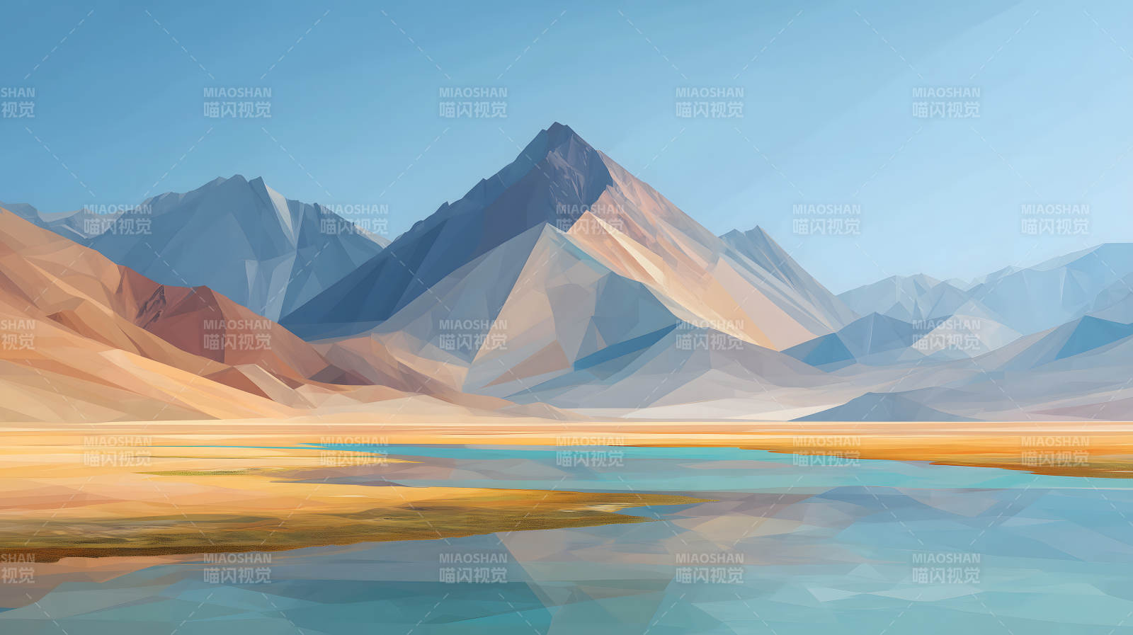 幾何山水風光湖泊藍天-圖片