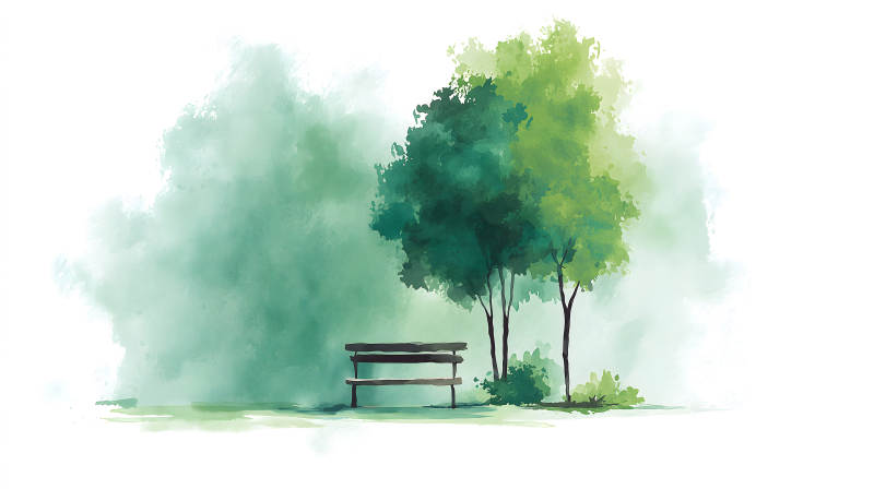 公園長椅樹木風景畫作簡單清新-圖片