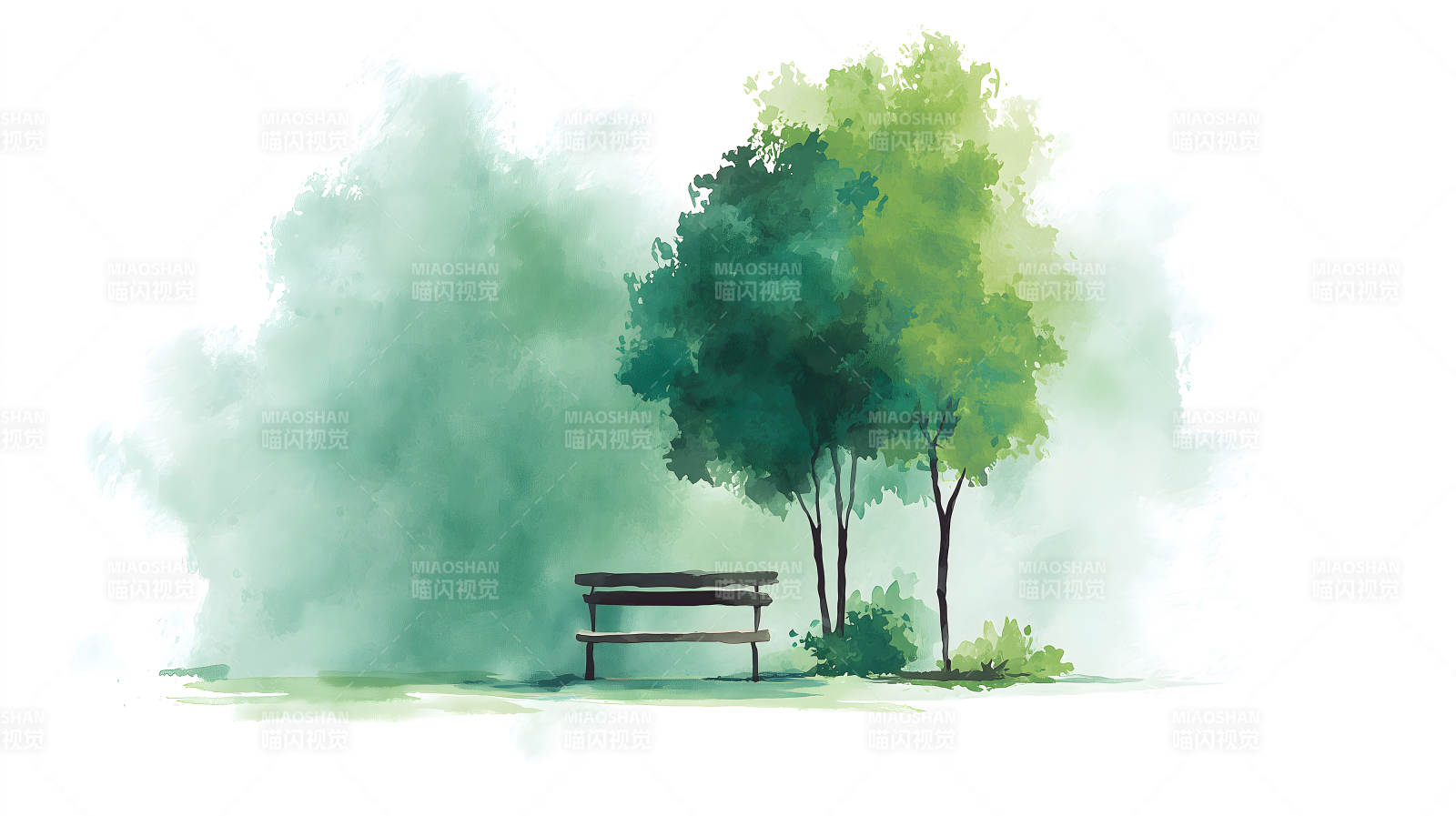 公园长椅树木风景画作简单清新图片