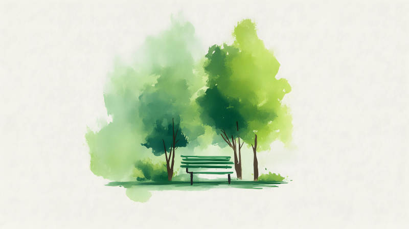 公園長椅綠樹成蔭色彩清新-圖片