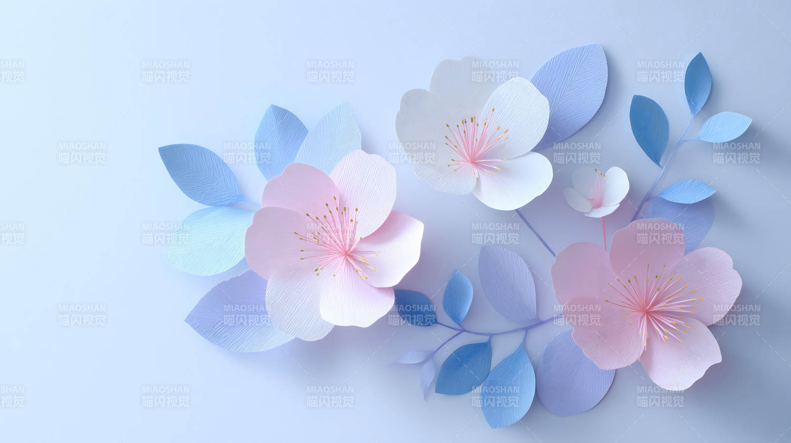 紙藝櫻花與葉子組合的清新畫面-圖片