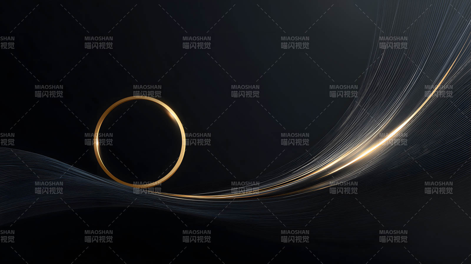 金色圆环与光线交织的黑色背景-图片
