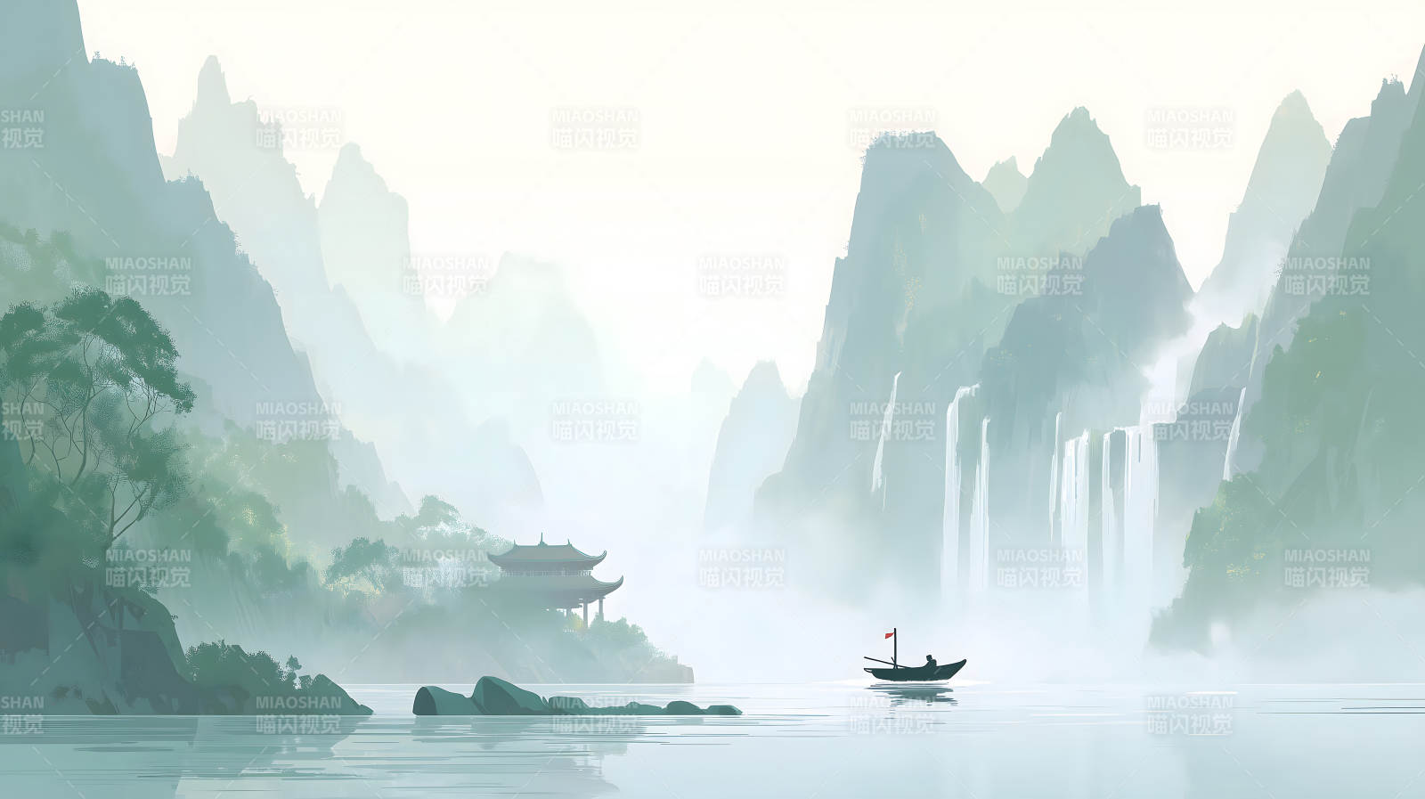 山水画意境小舟行舟-图片