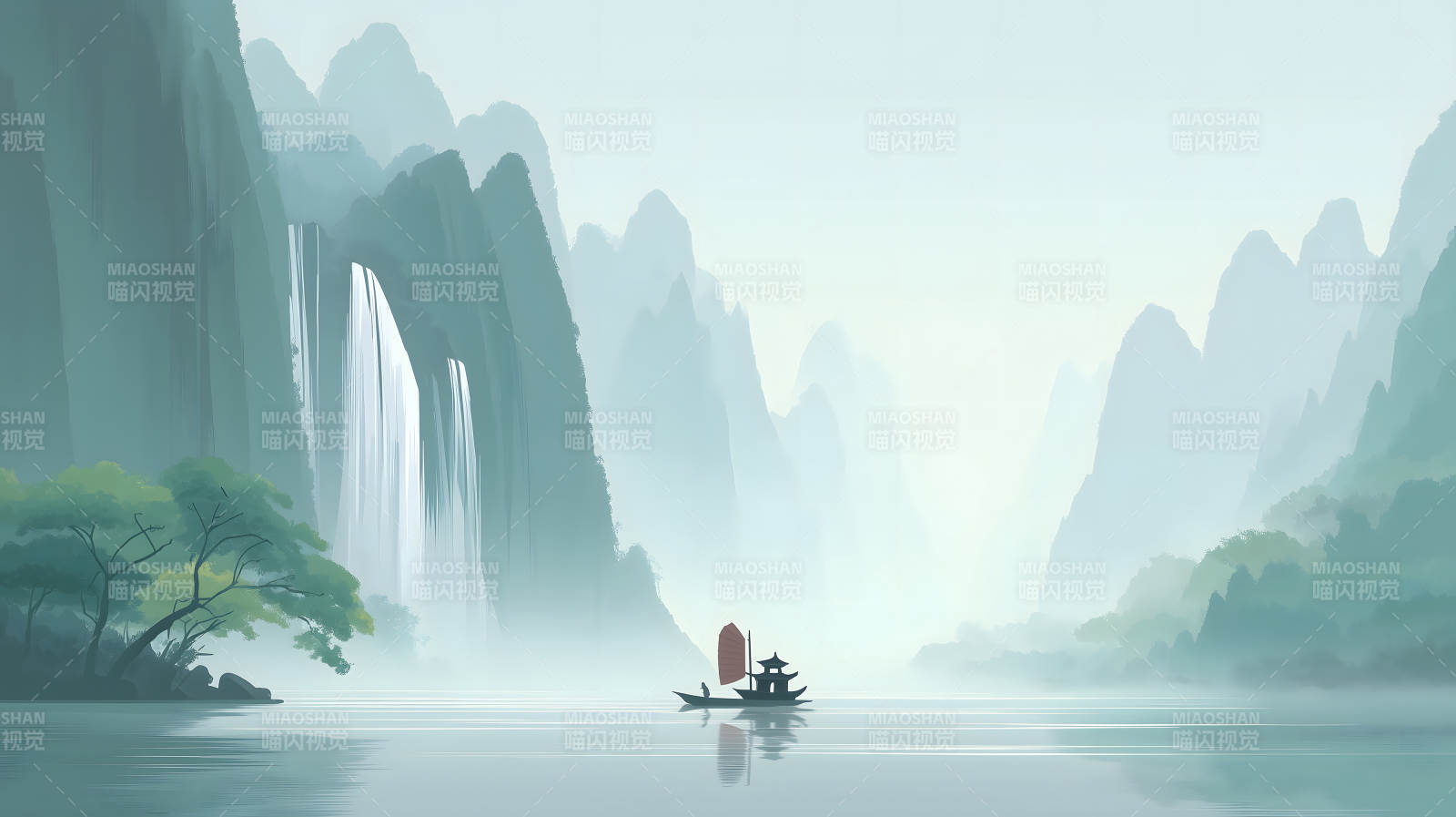 水墨山水画小舟驶向远方-图片