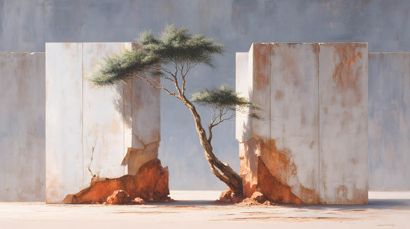 樹(shù)木在墻壁中茁壯成長(zhǎng)-圖片