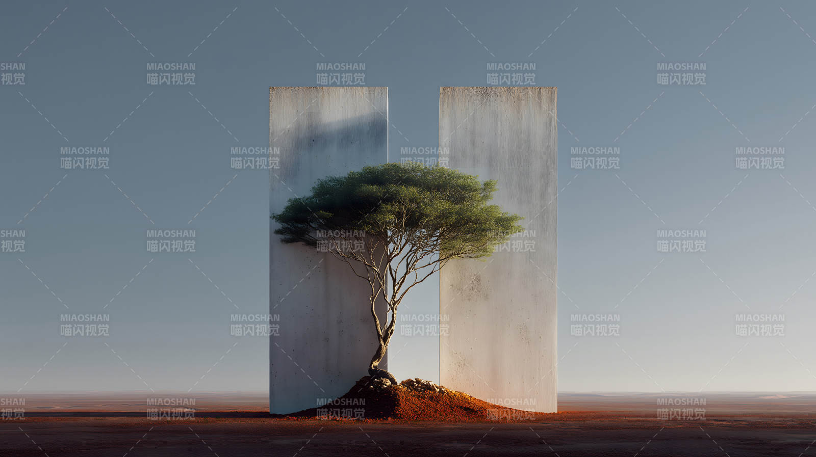 树木与混凝土墙在沙漠中-图片