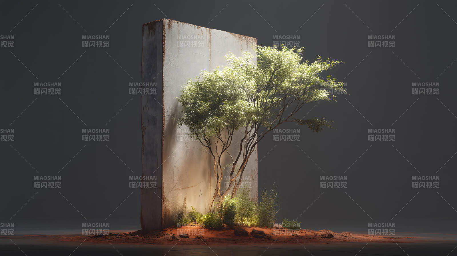 混凝土墙与绿树的对比-图片