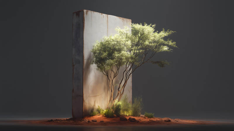 混凝土墙与绿树的对比-图片