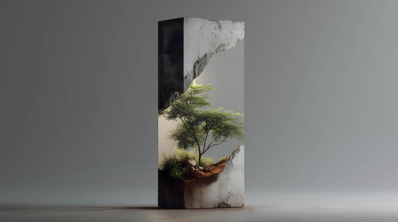 水泥塊中生長著一棵樹木-圖片