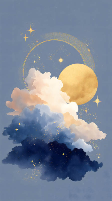 夜晚天空下的金色月亮和星星-圖片